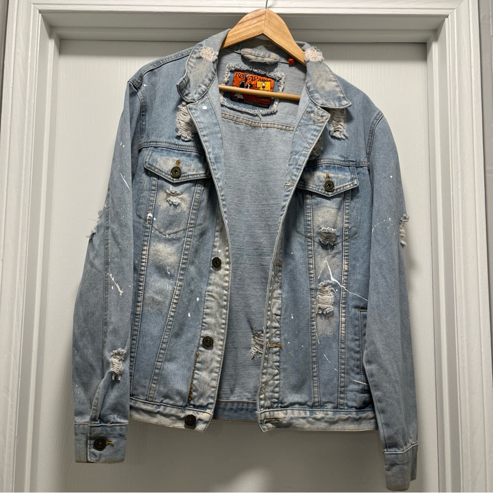 Fair Trade Cotton-“ROLLING PAPER BRAND” M Distressed Denim Jacket Destroyed
